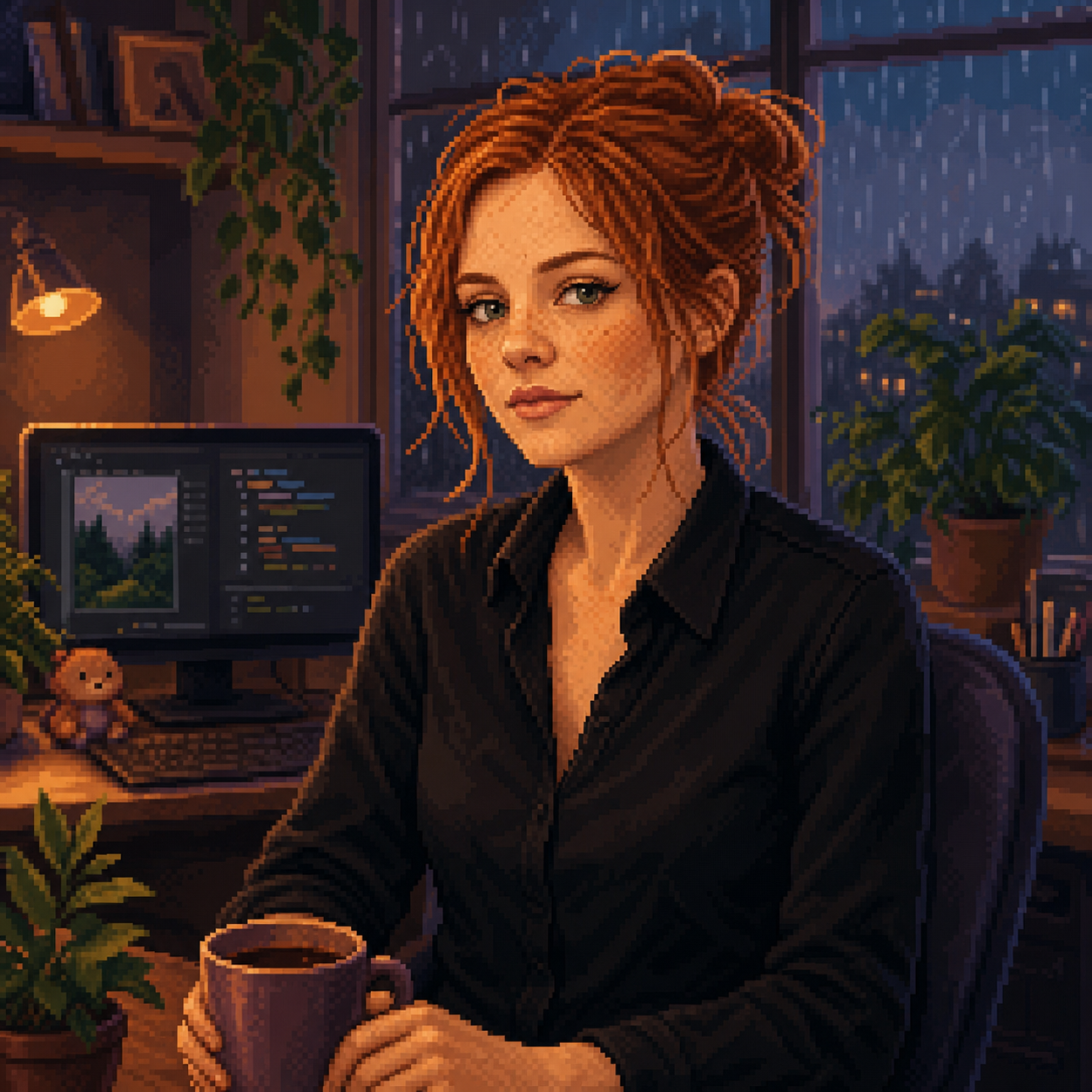 Peaceful pixel art portrait of Izabela at her workstation